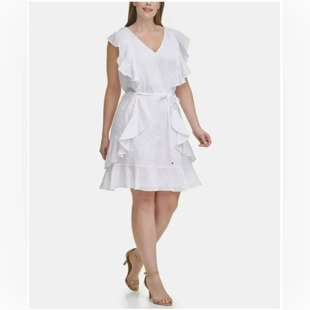 Tommy Hilfiger Women's Flair Dot Fit & Flare White Cotton Blend Zip Belted 16w